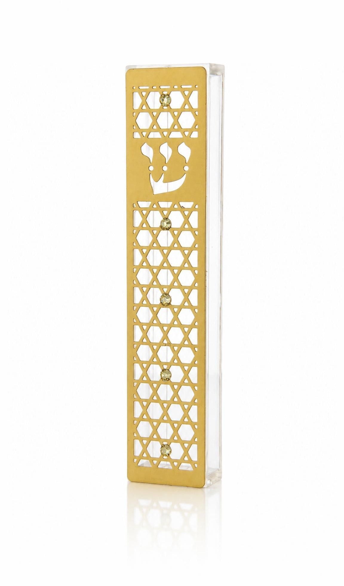 Golden Star of David Acrylic Mezuzah with gold lattice overlay, Hebrew Shin, clear acrylic body and crystal accents