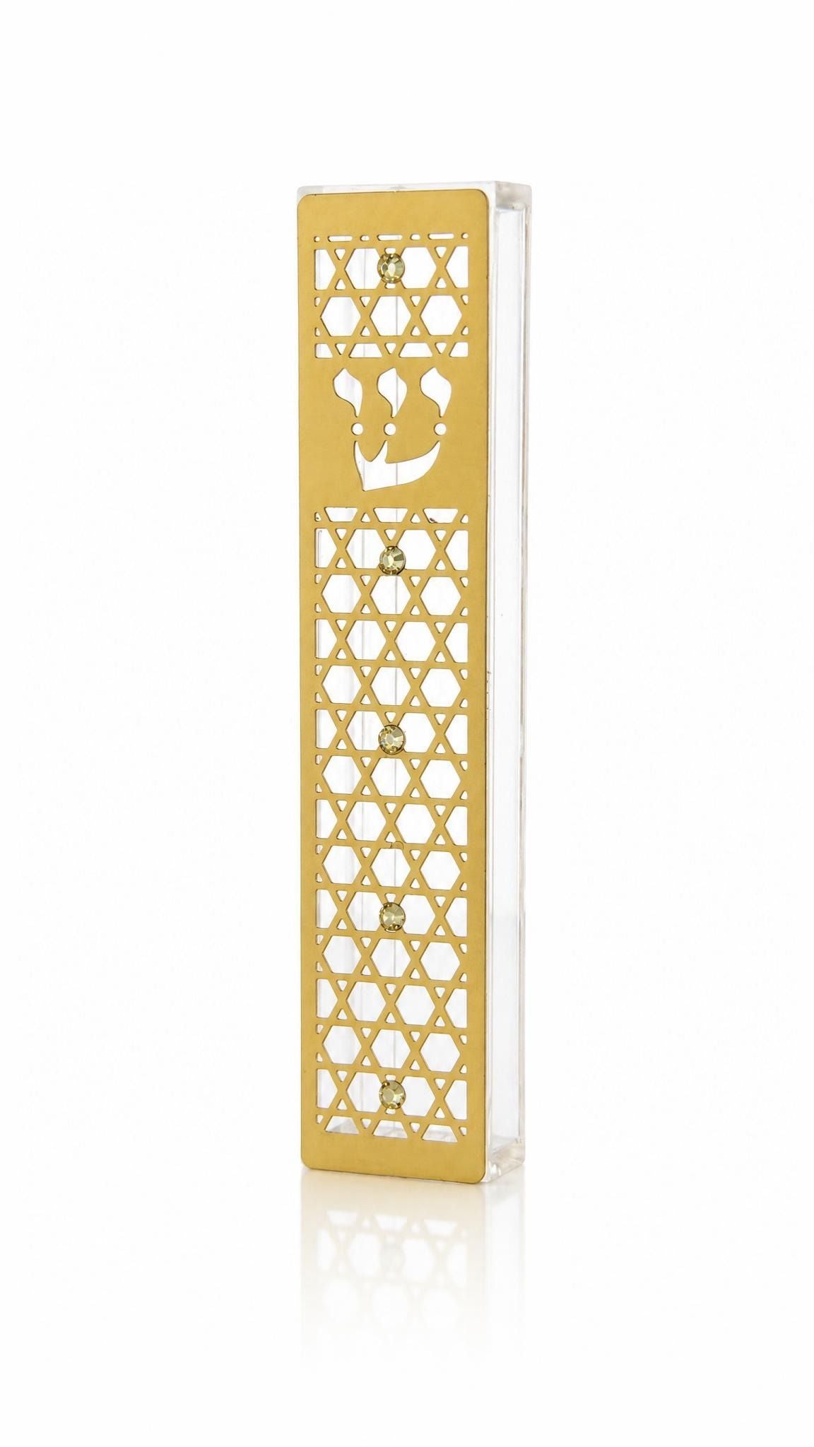 Golden Star of David Acrylic Mezuzah with gold lattice overlay, Hebrew Shin, clear acrylic body and crystal accents