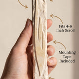 Hand holding a seven-inch Sculpted Light Within Jerusalem stone mezuzah with scroll-fit and mounting details