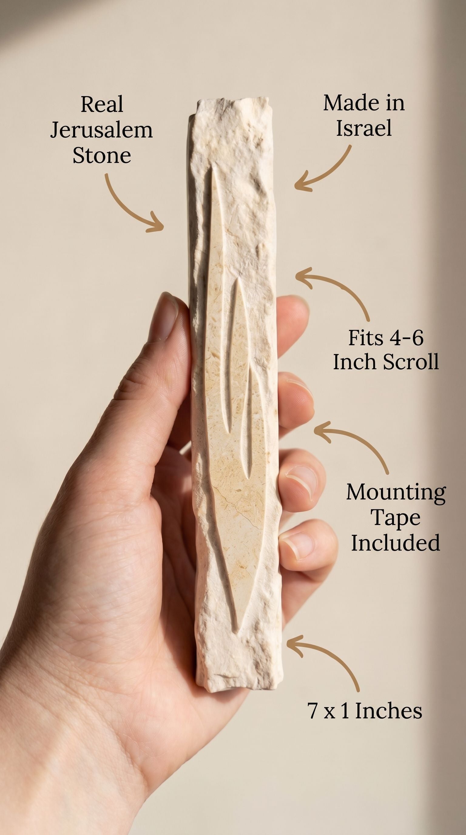Hand holding a seven-inch Sculpted Light Within Jerusalem stone mezuzah with scroll-fit and mounting details