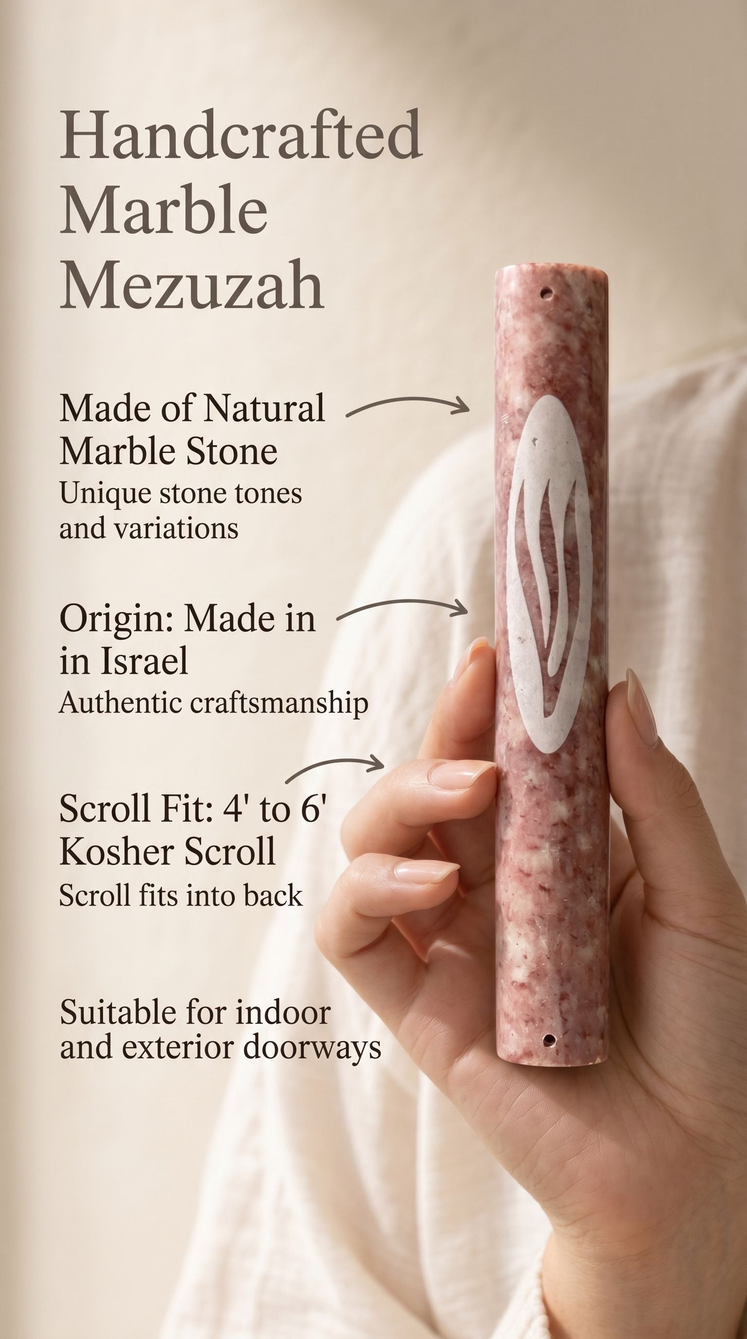 Hand holding a 7-inch Rose Veiled Shin natural marble mezuzah made in Israel with scroll-fit and doorway-use details