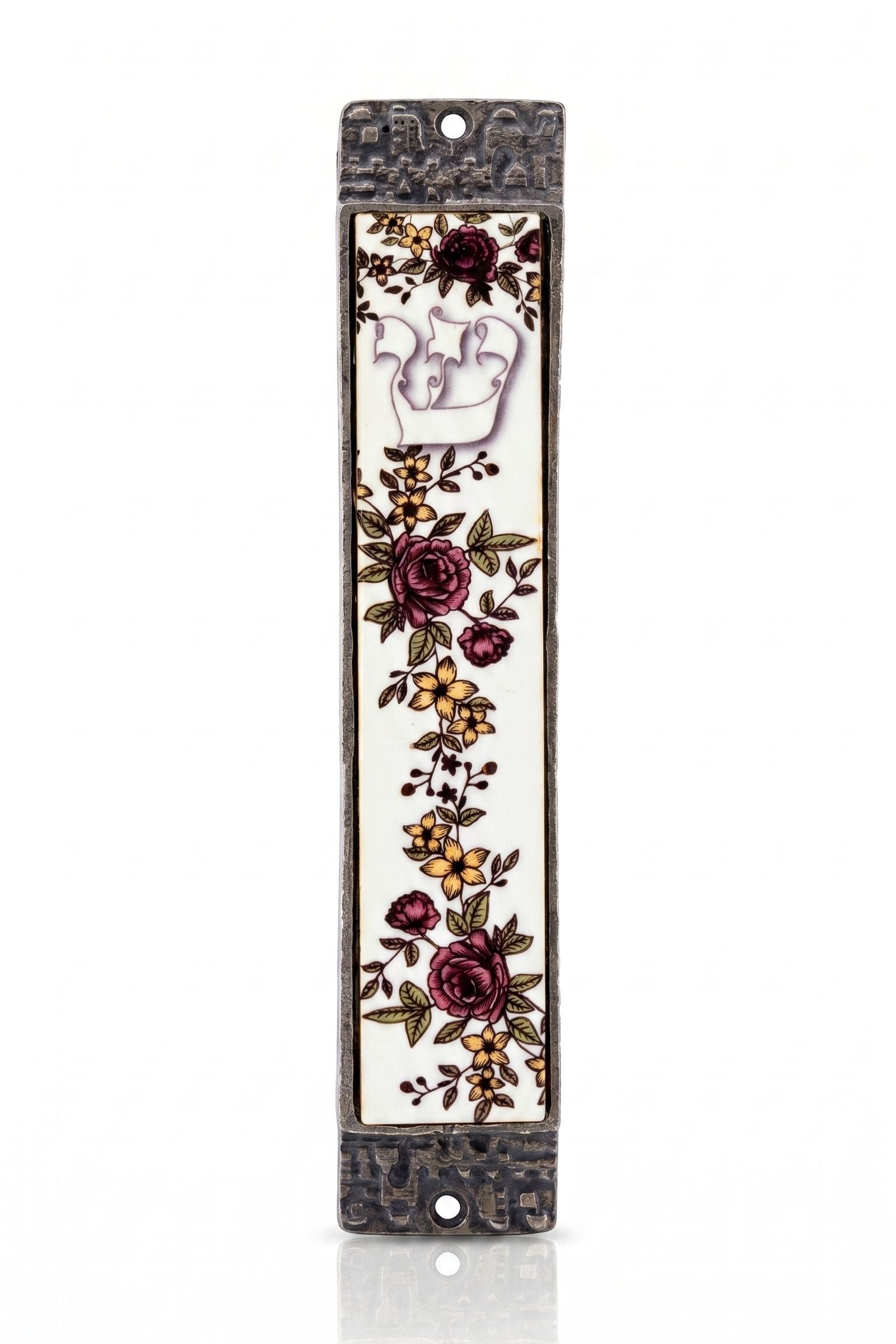Heritage Rose Garden metal and wood mezuzah with burgundy roses, golden flowers, green leaves and pale Hebrew Shin