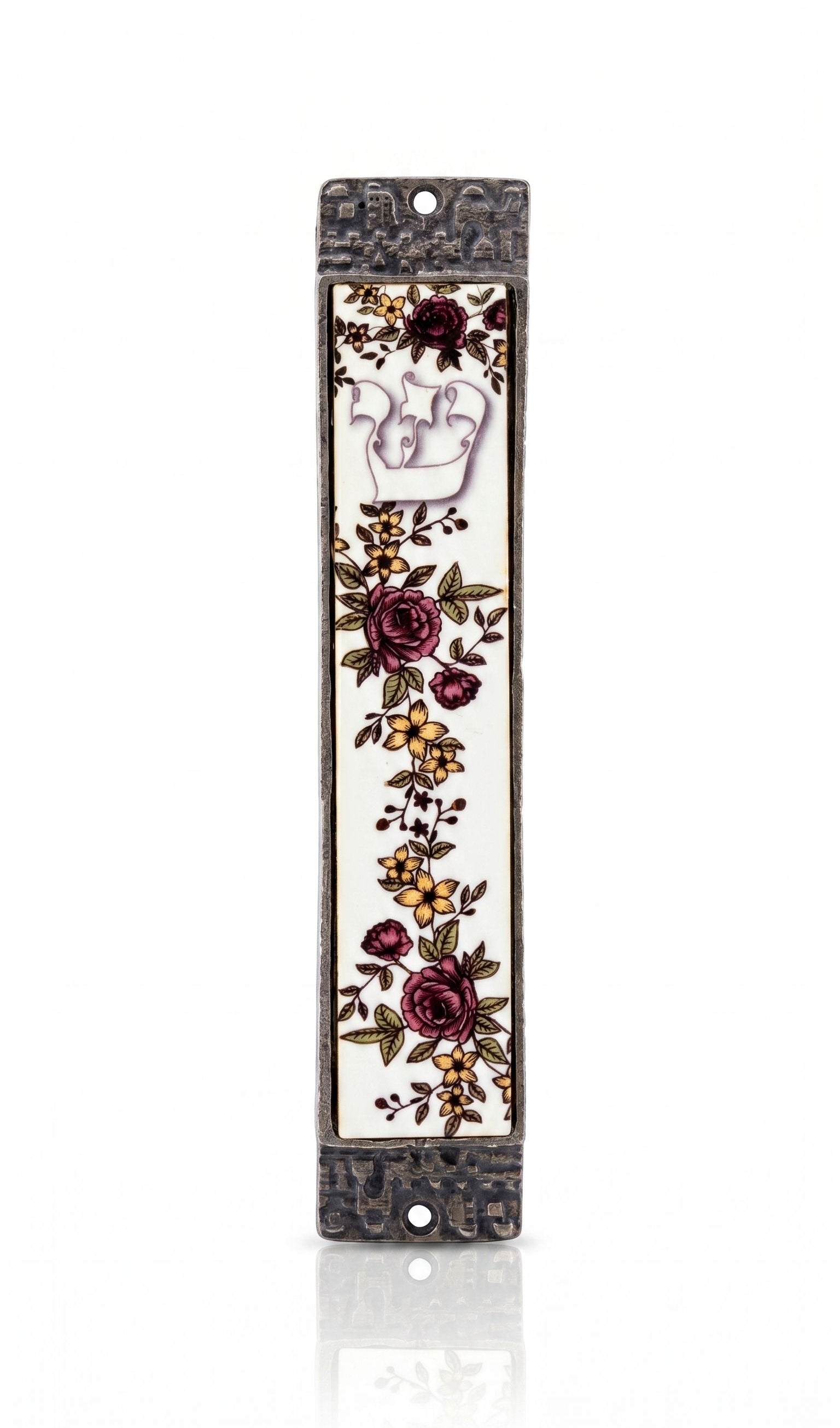 Heritage Rose Garden metal and wood mezuzah with burgundy roses, golden flowers, green leaves and pale Hebrew Shin