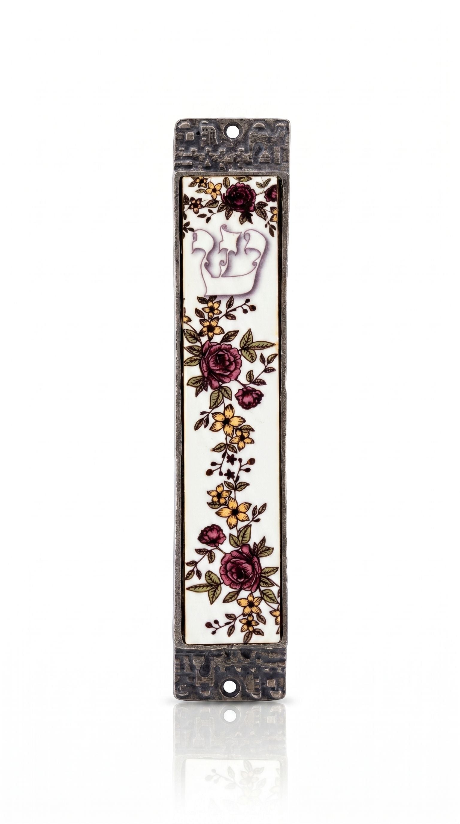 Heritage Rose Garden metal and wood mezuzah with burgundy roses, golden flowers, green leaves and pale Hebrew Shin