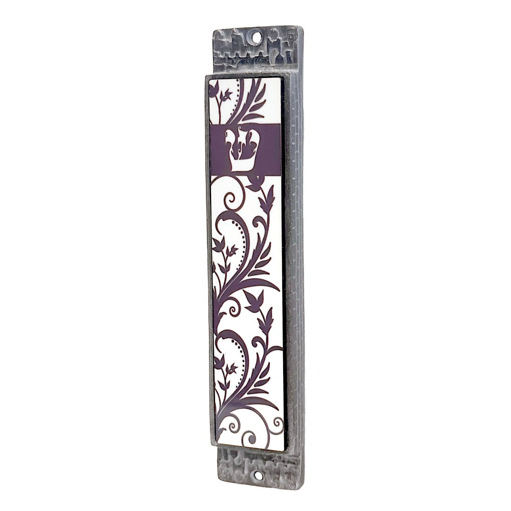 Floral Pewter and Wood Terra Mezuzah with purple vine pattern and Hebrew letter Shin.