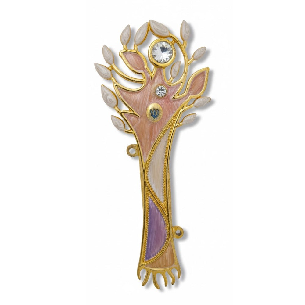 Hand-painted pewter Tree of Life mezuzah case in pastel enamel with crystal accents.