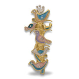 A vertical gold-toned pewter mezuzah featuring hand-painted enamel birds and crystal accents.