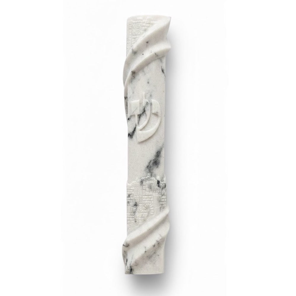 White and gray stone-like cement mezuzah case with Hebrew letter Shin and Jerusalem wall carvings.