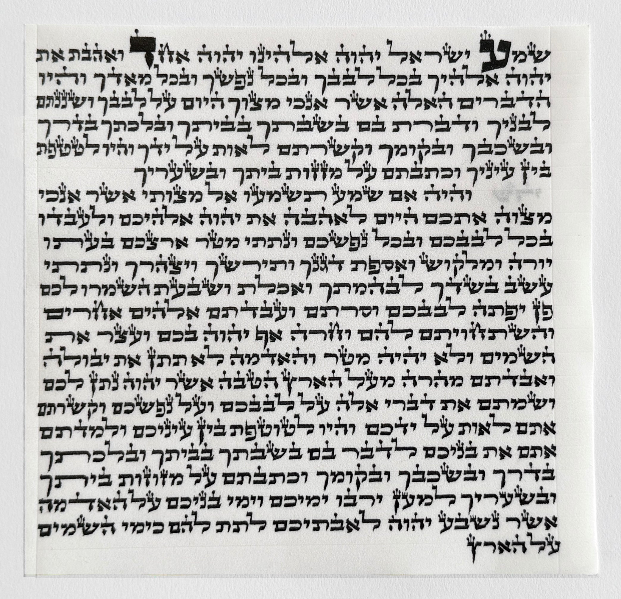 The 12 cm kosher mezuzah parchment laid flat, showing the complete handwritten Hebrew text in Sephardic Vellish script by a sofer stam in israel