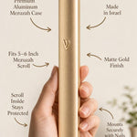 A clean, minimalist image showing a hand holding the Modern Waterproof Gold Aluminum Outdoor Mezuzah, emphasizing material, origin, and size detail callouts