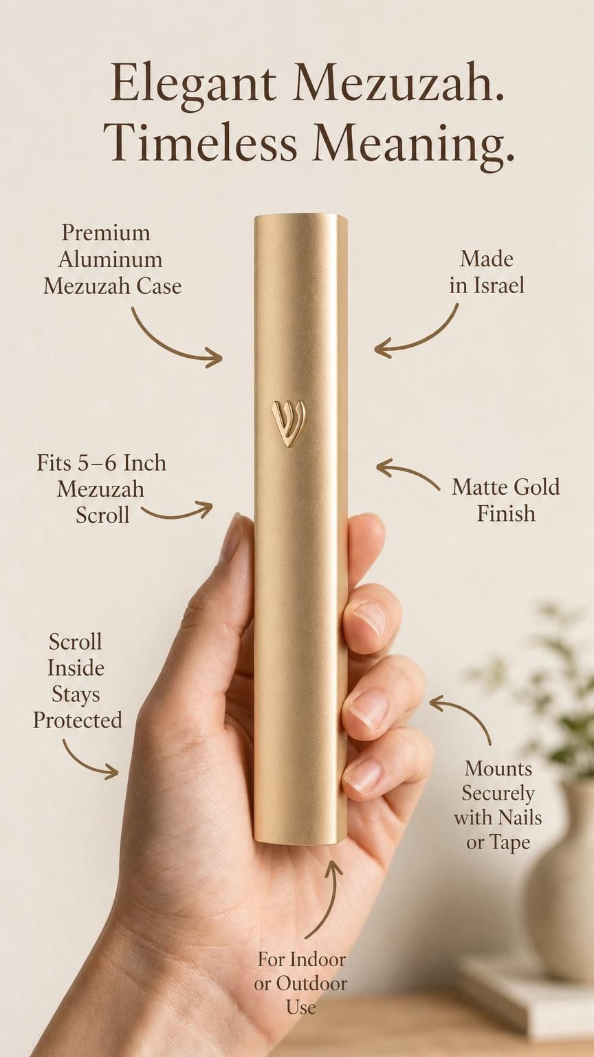 A clean, minimalist image showing a hand holding the Modern Waterproof Gold Aluminum Outdoor Mezuzah, emphasizing material, origin, and size detail callouts