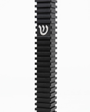 Modern Black Steps Aluminum Mezuzah, showing its deep black waterproof body, repeated raised horizontal steps, narrow rectangular profile, and centered silver Hebrew Shin