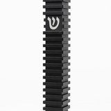 Modern Black Steps Aluminum Mezuzah, showing its deep black waterproof body, repeated raised horizontal steps, narrow rectangular profile, and centered silver Hebrew Shin