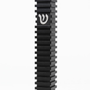 Modern Black Steps Aluminum Mezuzah, showing its deep black waterproof body, repeated raised horizontal steps, narrow rectangular profile, and centered silver Hebrew Shin