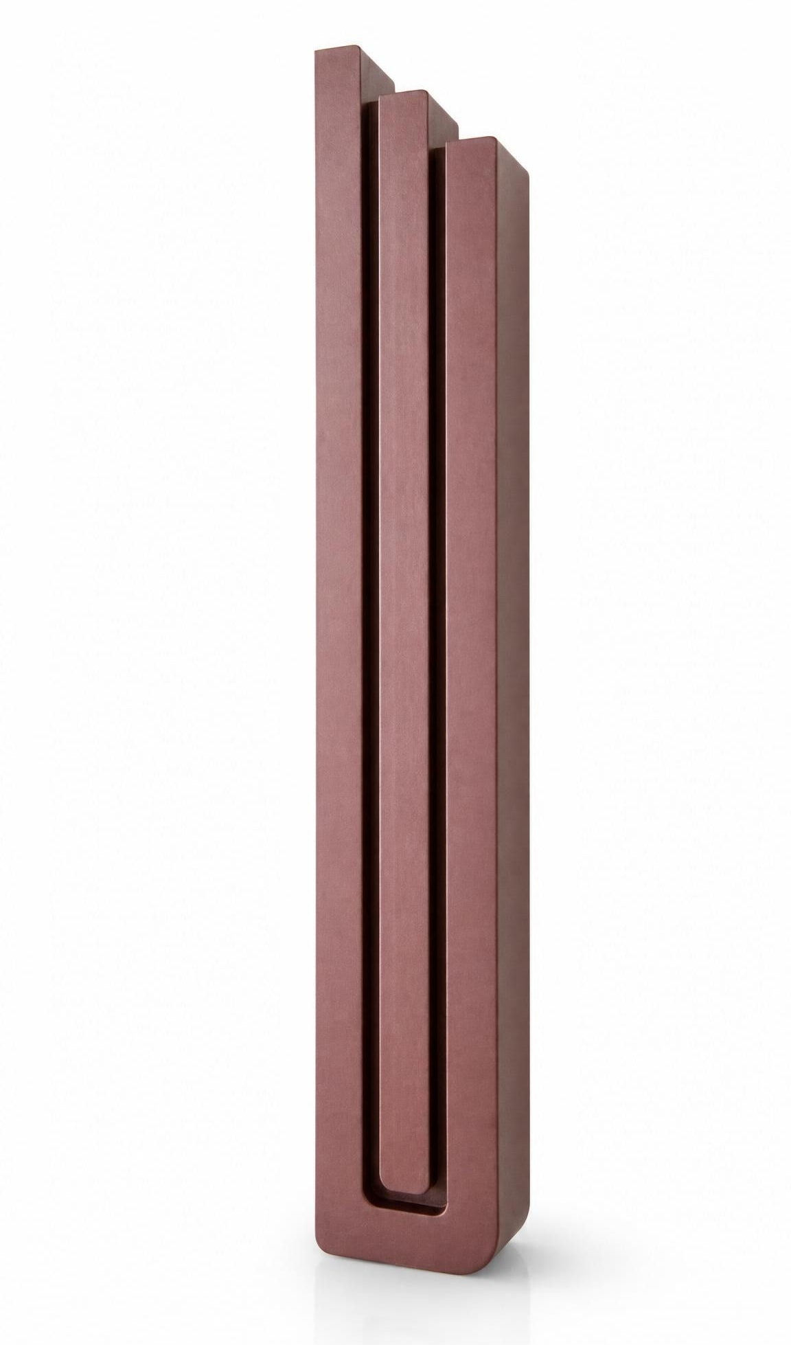 Modern Burgundy Pyramid Mezuzah with three stepped aluminum bars, slim architectural profile and deep red-burgundy finish