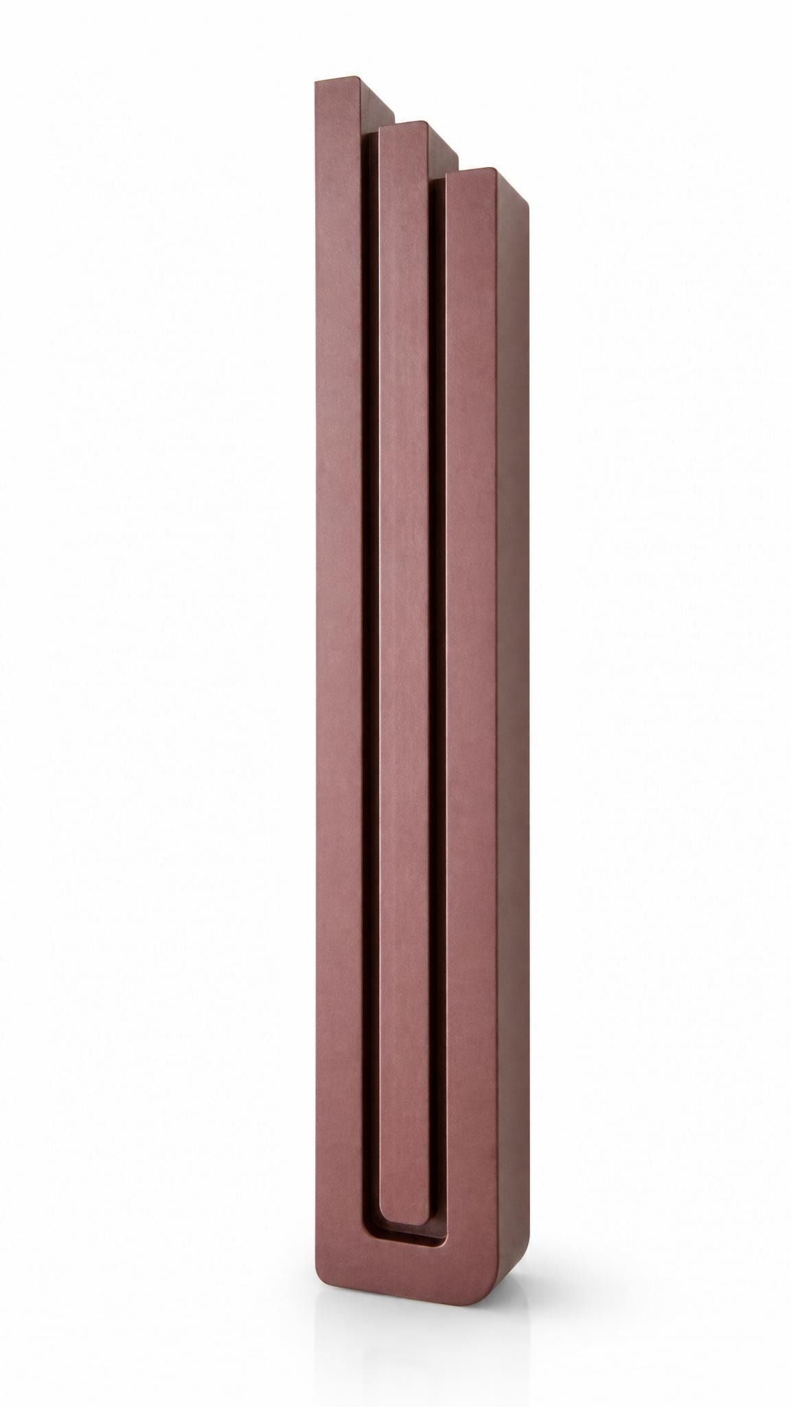 Modern Burgundy Pyramid Mezuzah with three stepped aluminum bars, slim architectural profile and deep red-burgundy finish