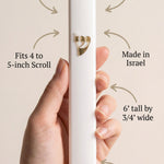 a 6-inch Modern Gold Shin white Outdoor Mezuzah case that is made in Israel and waterproof with callout features in hand