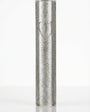 Silver shimmer acrylic mezuzah case with a carved Hebrew letter Shin on a white background.