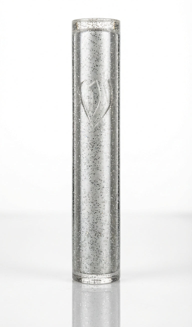 Modern Silver Shimmer Acrylic Mezuzah Case with carved shin