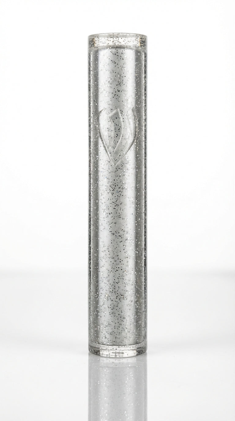 Modern Silver Shimmer Acrylic Mezuzah Case with carved shin