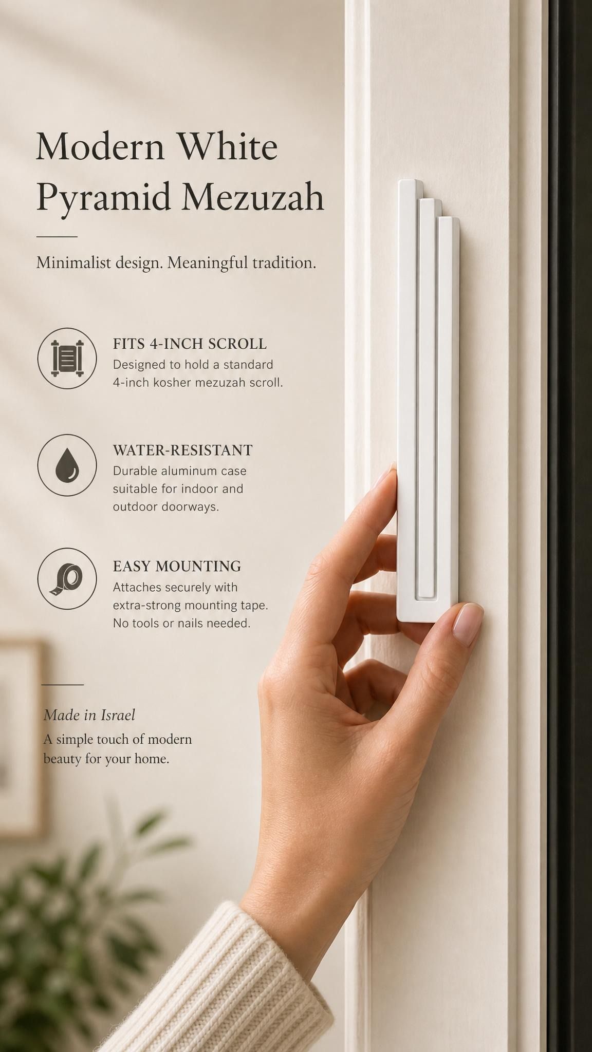 Person holding the white pyramid mezuzah at realistic scale, styled with warm natural light and neutral tones for a premium look.
