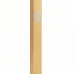 Gold cylindrical mezuzah case product with a silver shin on it in aluminum, a slim profile, and a silver Shin, crafted in Israel for timeless outdoor door