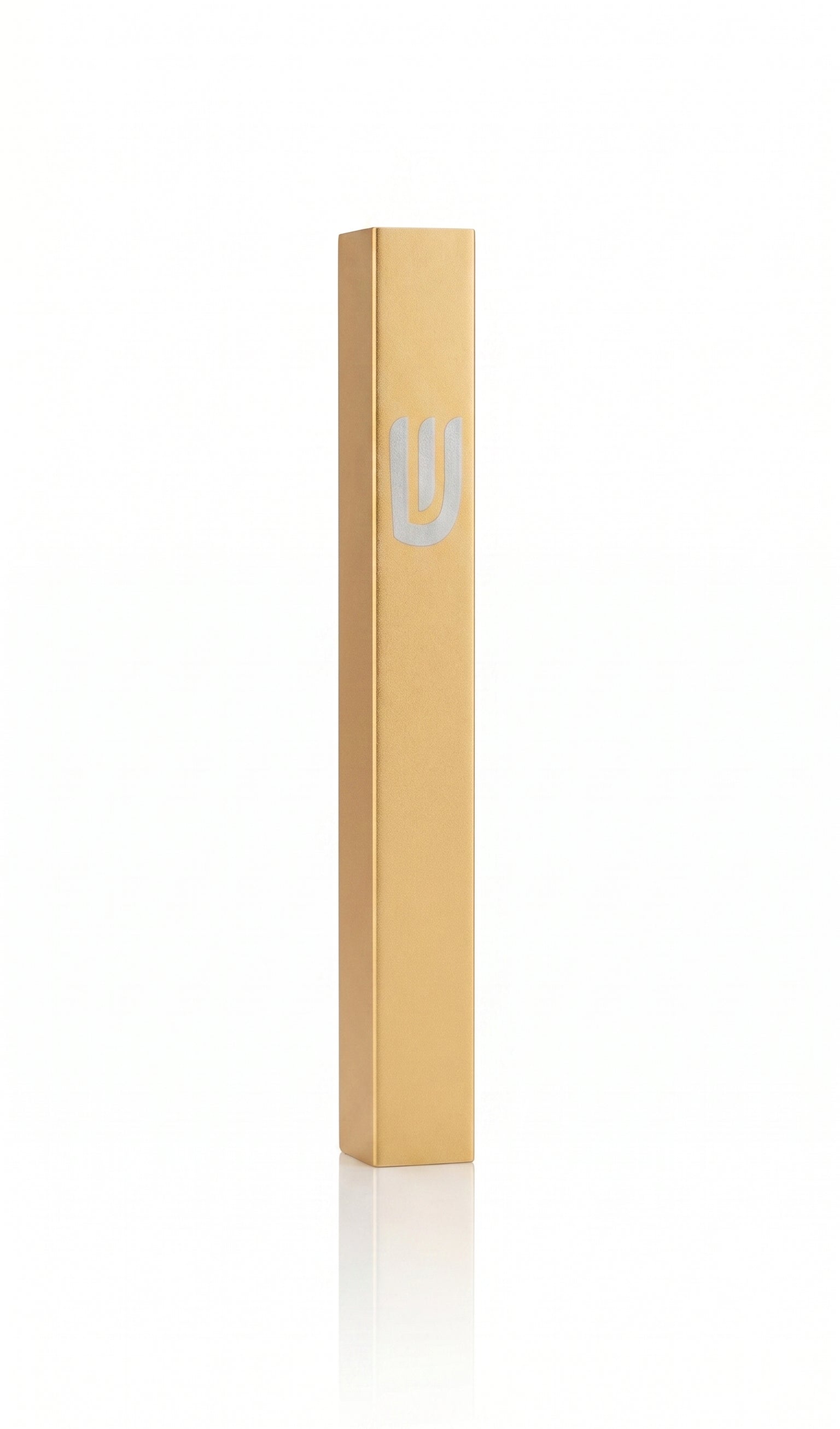 Gold cylindrical mezuzah case product with a silver shin on it in aluminum, a slim profile, and a silver Shin, crafted in Israel for timeless outdoor door