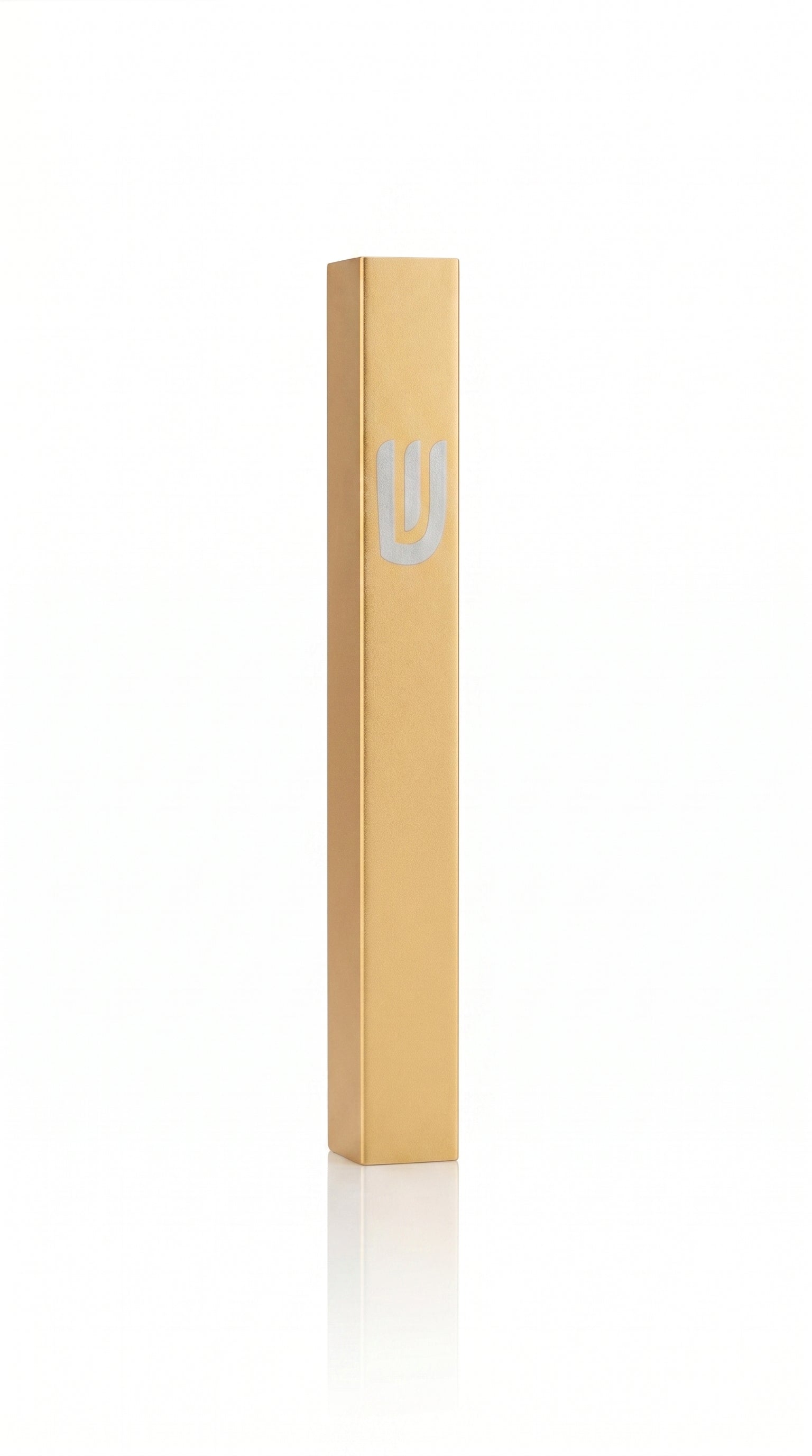 Gold cylindrical mezuzah case product with a silver shin on it in aluminum, a slim profile, and a silver Shin, crafted in Israel for timeless outdoor door