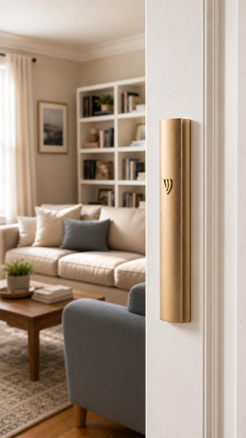 The Modern Waterproof Gold Aluminum Outdoor Mezuzah cover affixed to a doorpost