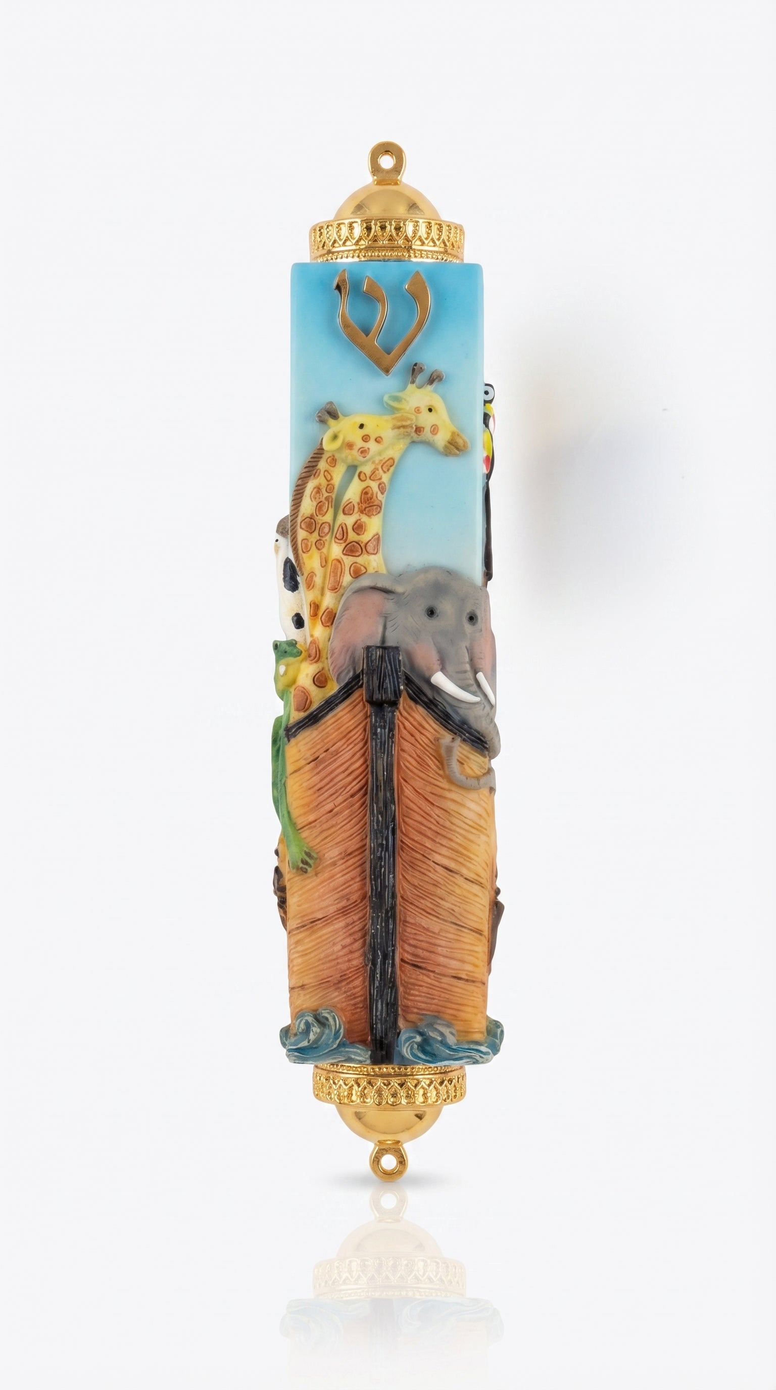 Decorative noahs ark Mezuzah case with animal illustrations