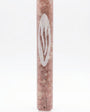 Rose Veiled Shin Marble Mezuzah with natural blush stone variation and elongated pale Hebrew Shin engraving