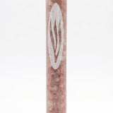 Rose Veiled Shin Marble Mezuzah with natural blush stone variation and elongated pale Hebrew Shin engraving