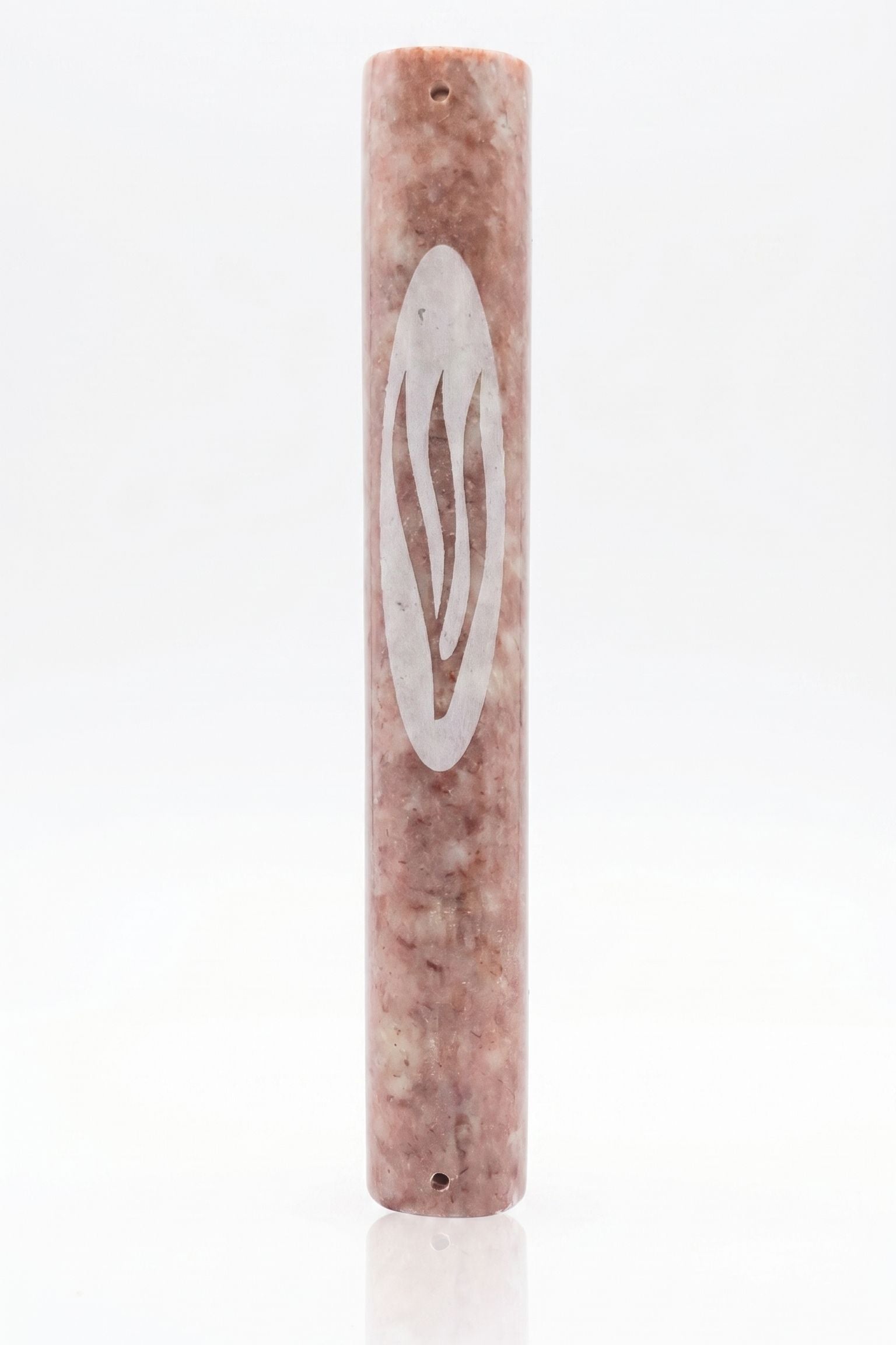Rose Veiled Shin Marble Mezuzah with natural blush stone variation and elongated pale Hebrew Shin engraving