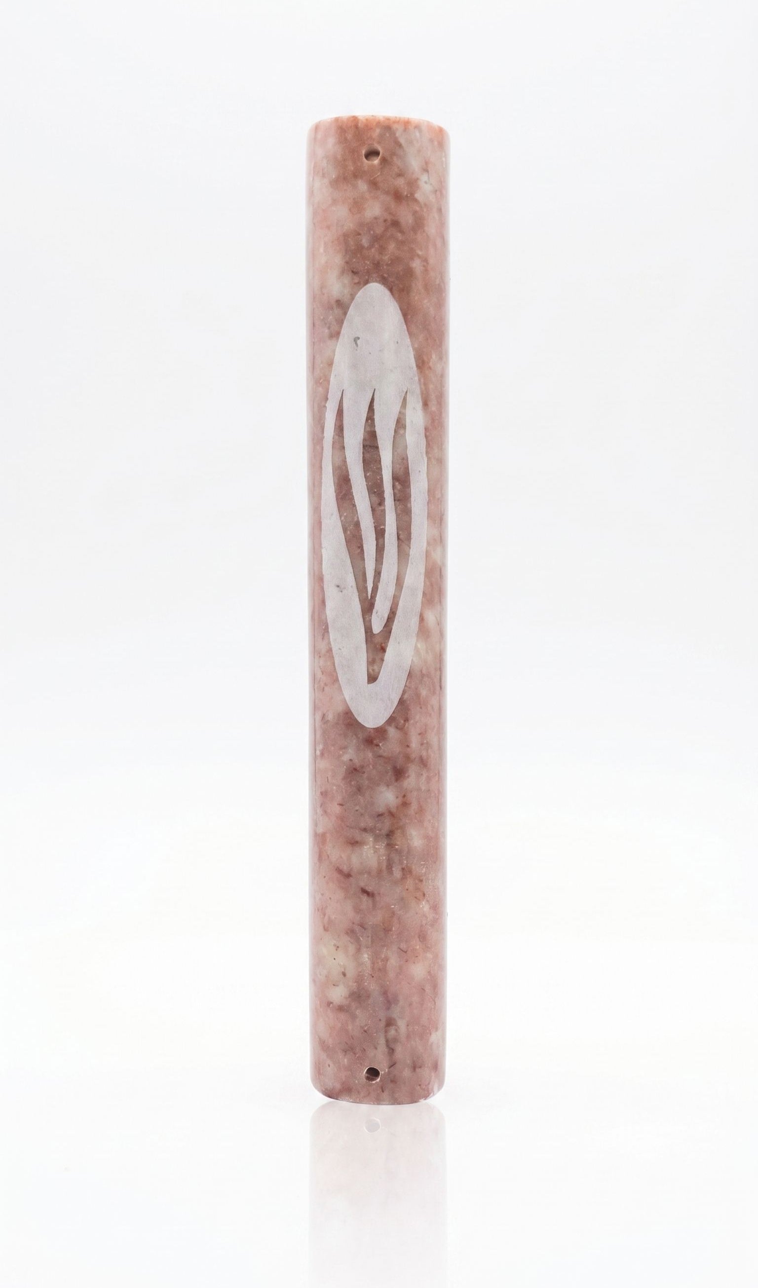 Rose Veiled Shin Marble Mezuzah with natural blush stone variation and elongated pale Hebrew Shin engraving
