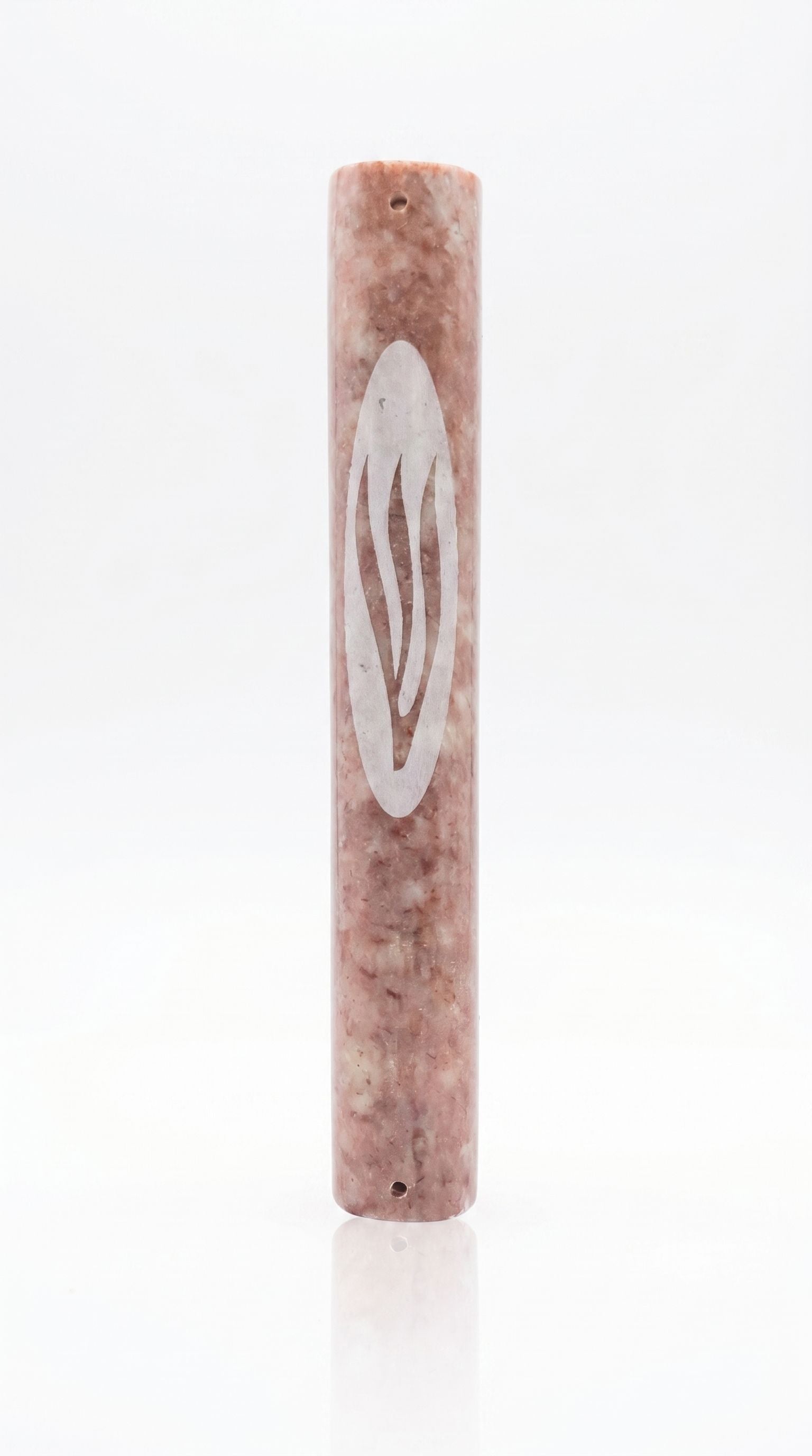 Rose Veiled Shin Marble Mezuzah with natural blush stone variation and elongated pale Hebrew Shin engraving