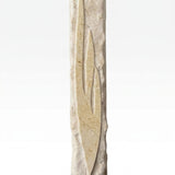 Sculpted Light Within Jerusalem stone mezuzah case with a super-elongated carved Shin framed by rough-hewn cream stone