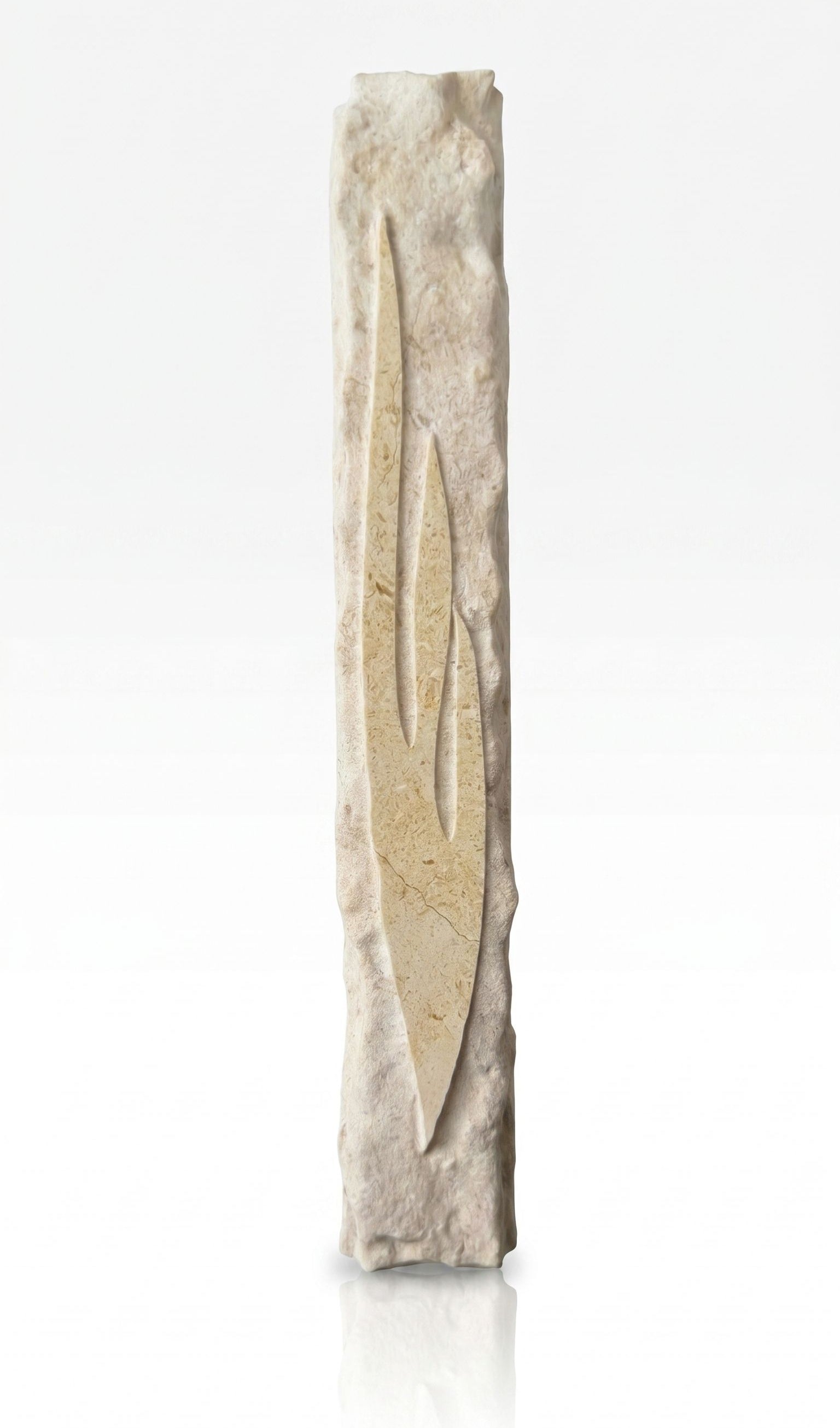 Sculpted Light Within Jerusalem stone mezuzah case with a super-elongated carved Shin framed by rough-hewn cream stone