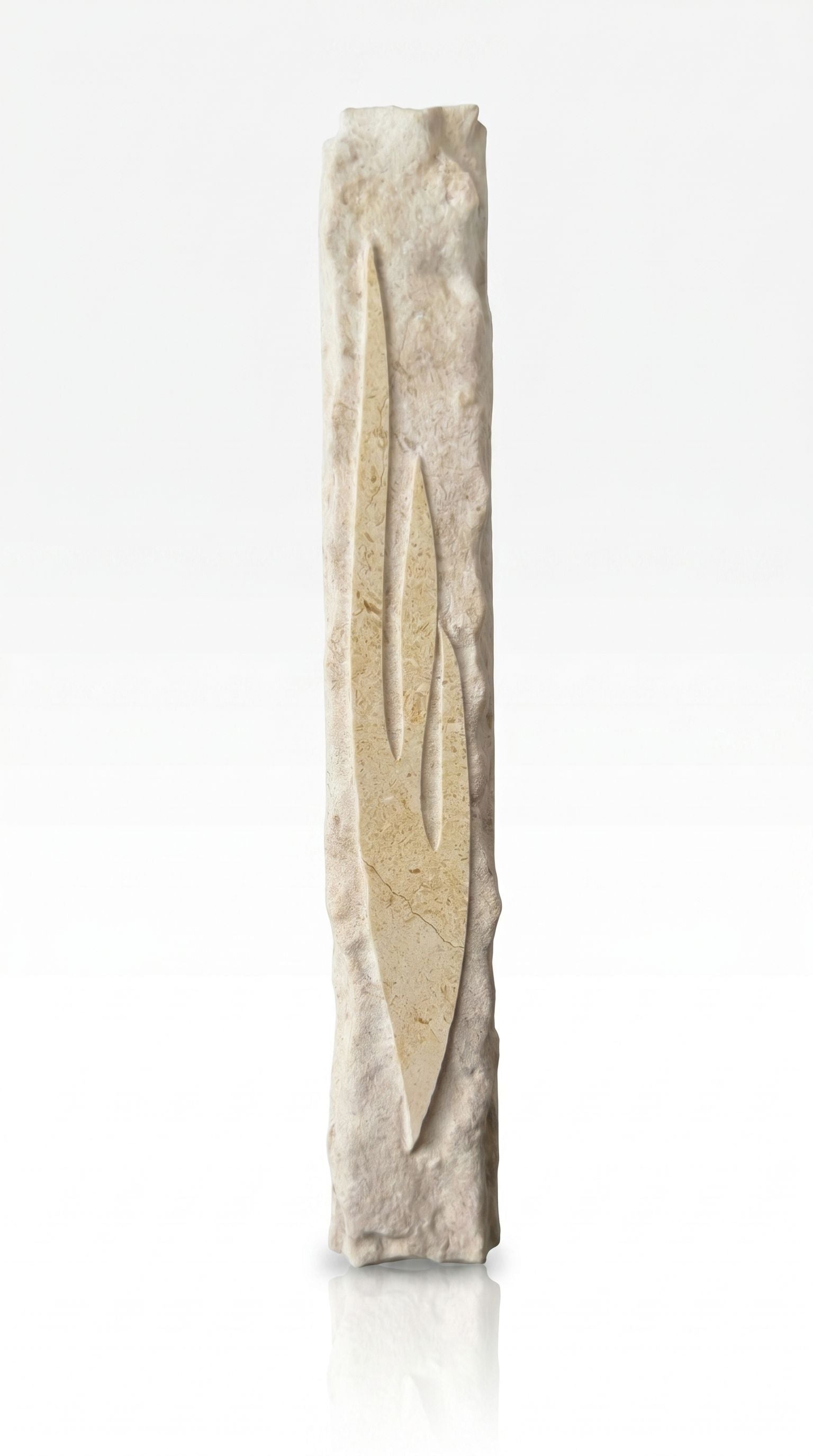 Sculpted Light Within Jerusalem stone mezuzah case with a super-elongated carved Shin framed by rough-hewn cream stone