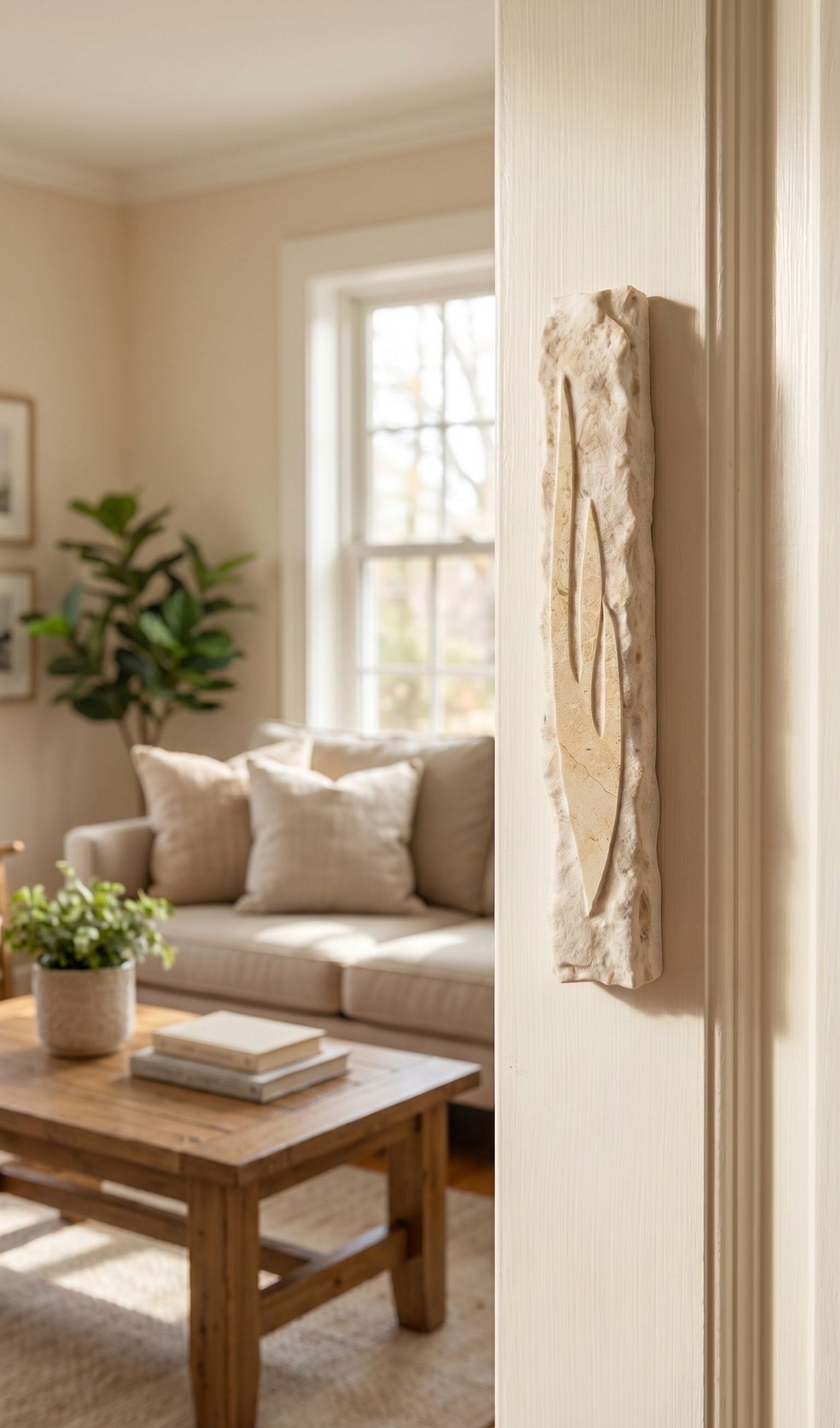 Sculpted Light Within Jerusalem stone mezuzah mounted on a cream interior doorway in a modern home