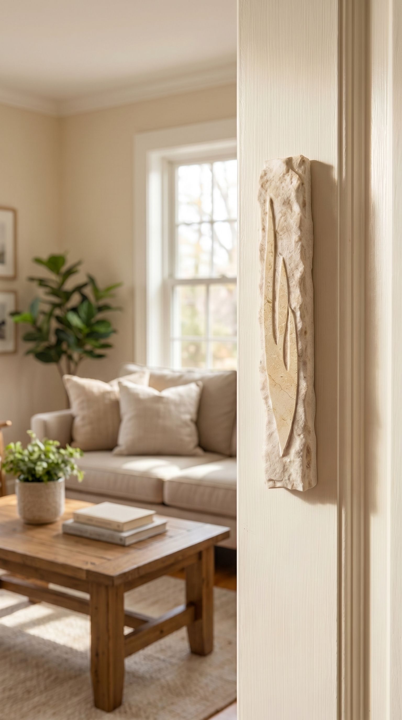Sculpted Light Within Jerusalem stone mezuzah mounted on a cream interior doorway in a modern home