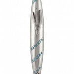 Silver mezuzah case with blue gemstones on a white background