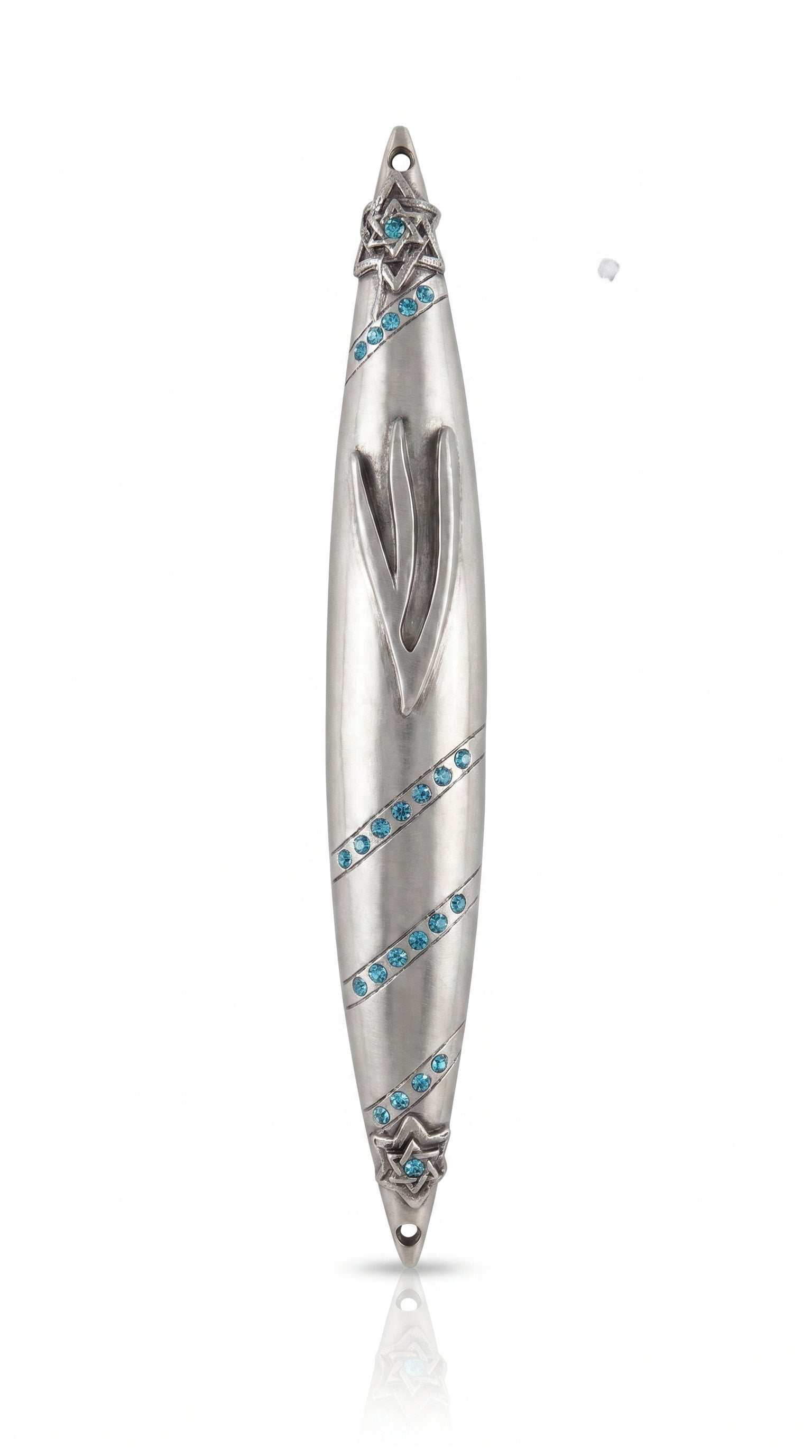 Silver mezuzah case with blue gemstones on a white background