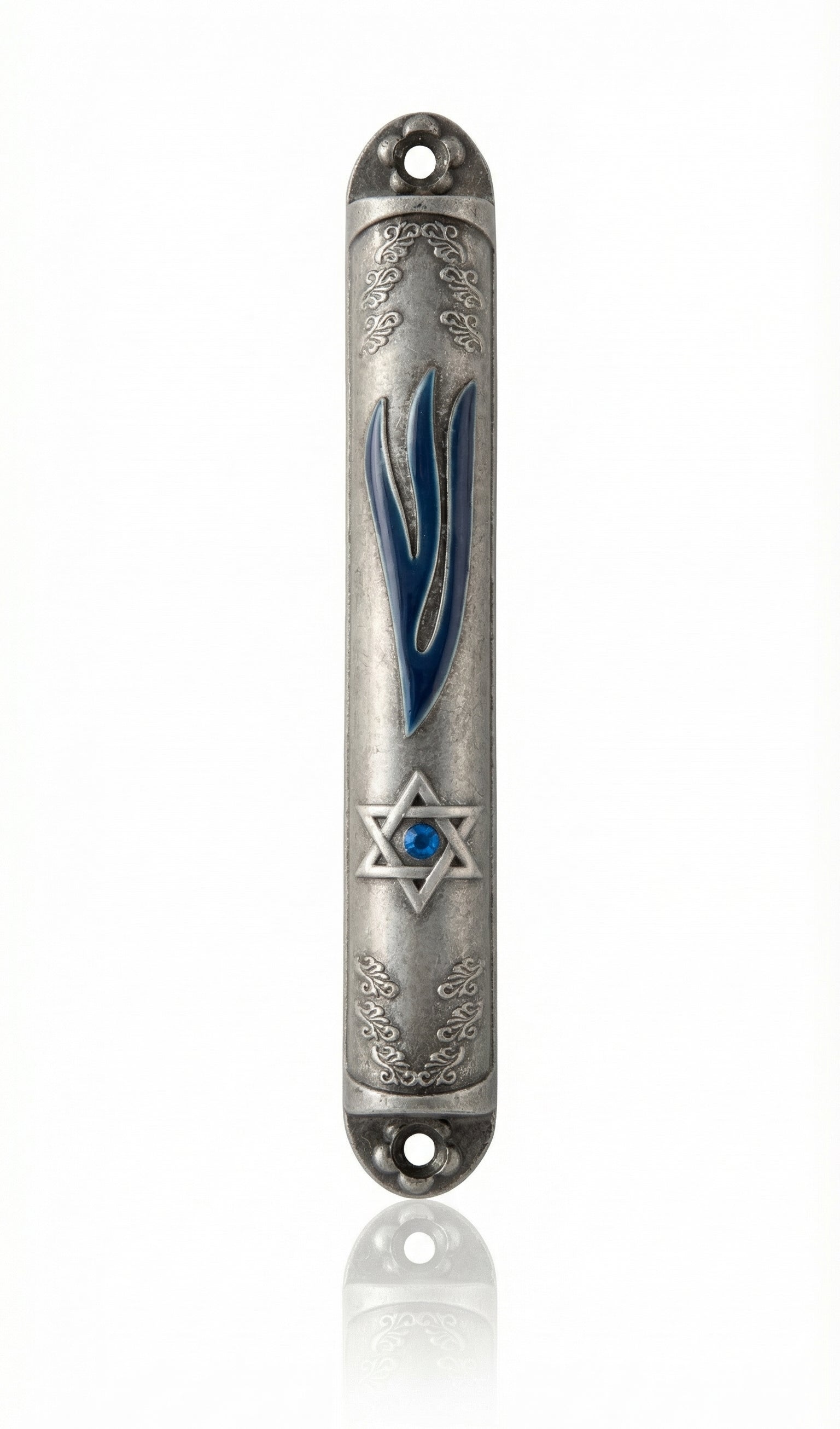 Decorative metal Mezuzah case with Star of David on a white background