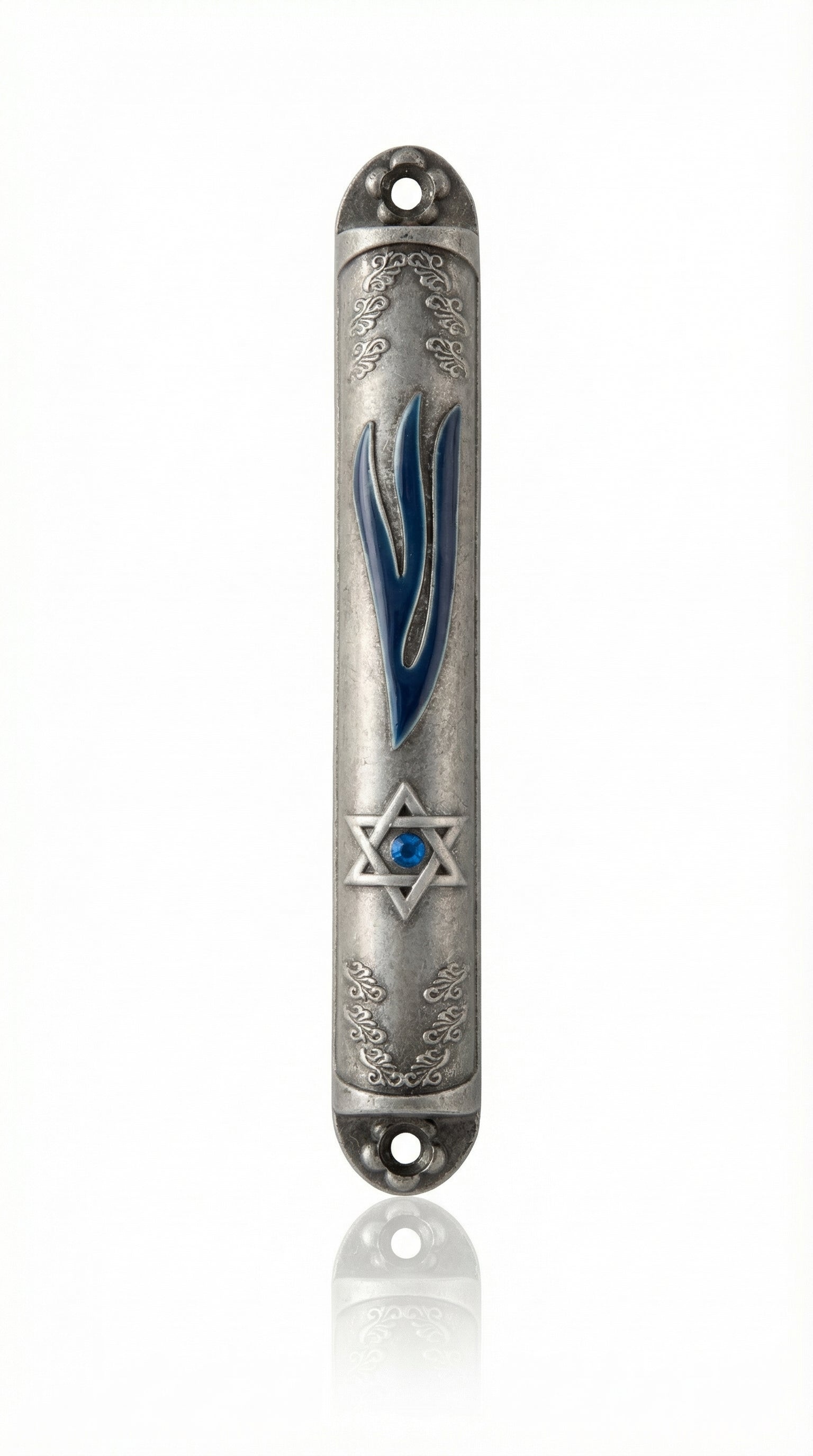 Decorative metal Mezuzah case with Star of David on a white background
