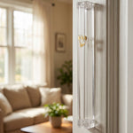 A mezuzah case mounted on an indoor doorway, showing its clear acrylic with gold finish, fitting 4 to 6 inch scrolls.