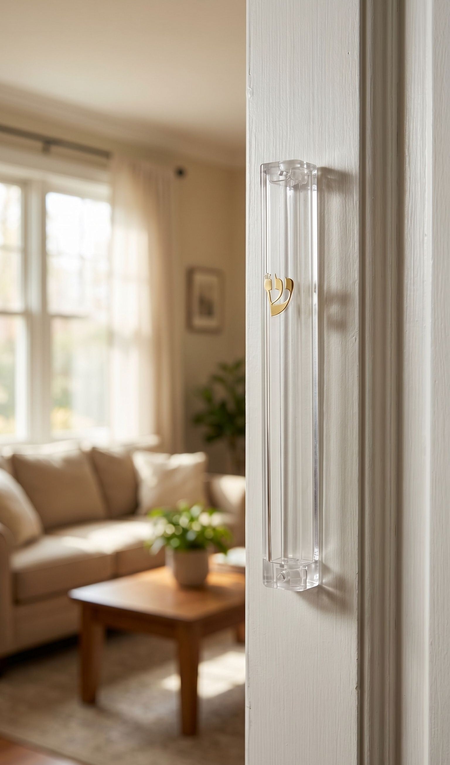 A mezuzah case mounted on an indoor doorway, showing its clear acrylic with gold finish, fitting 4 to 6 inch scrolls.