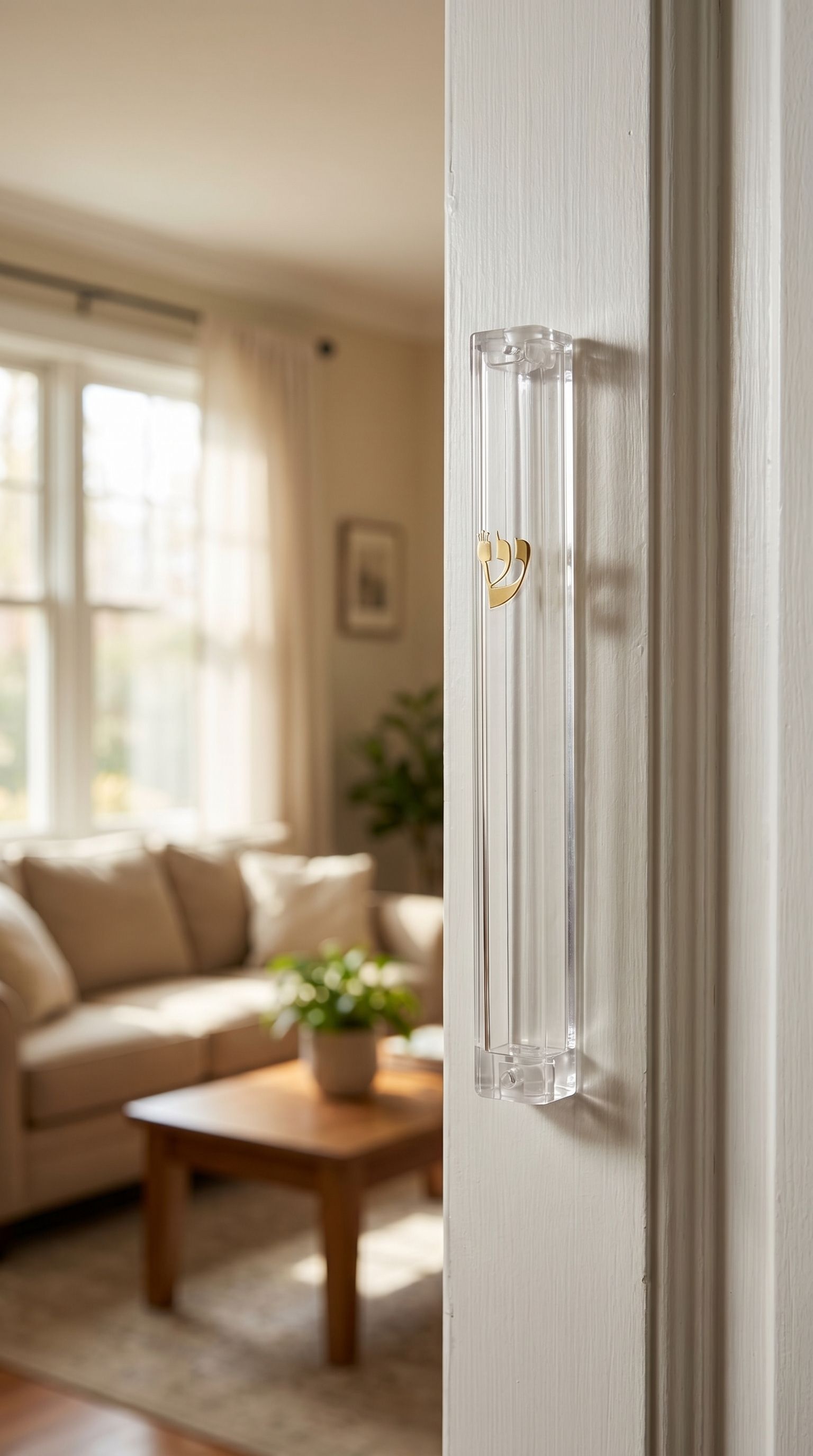 A mezuzah case mounted on an indoor doorway, showing its clear acrylic with gold finish, fitting 4 to 6 inch scrolls.
