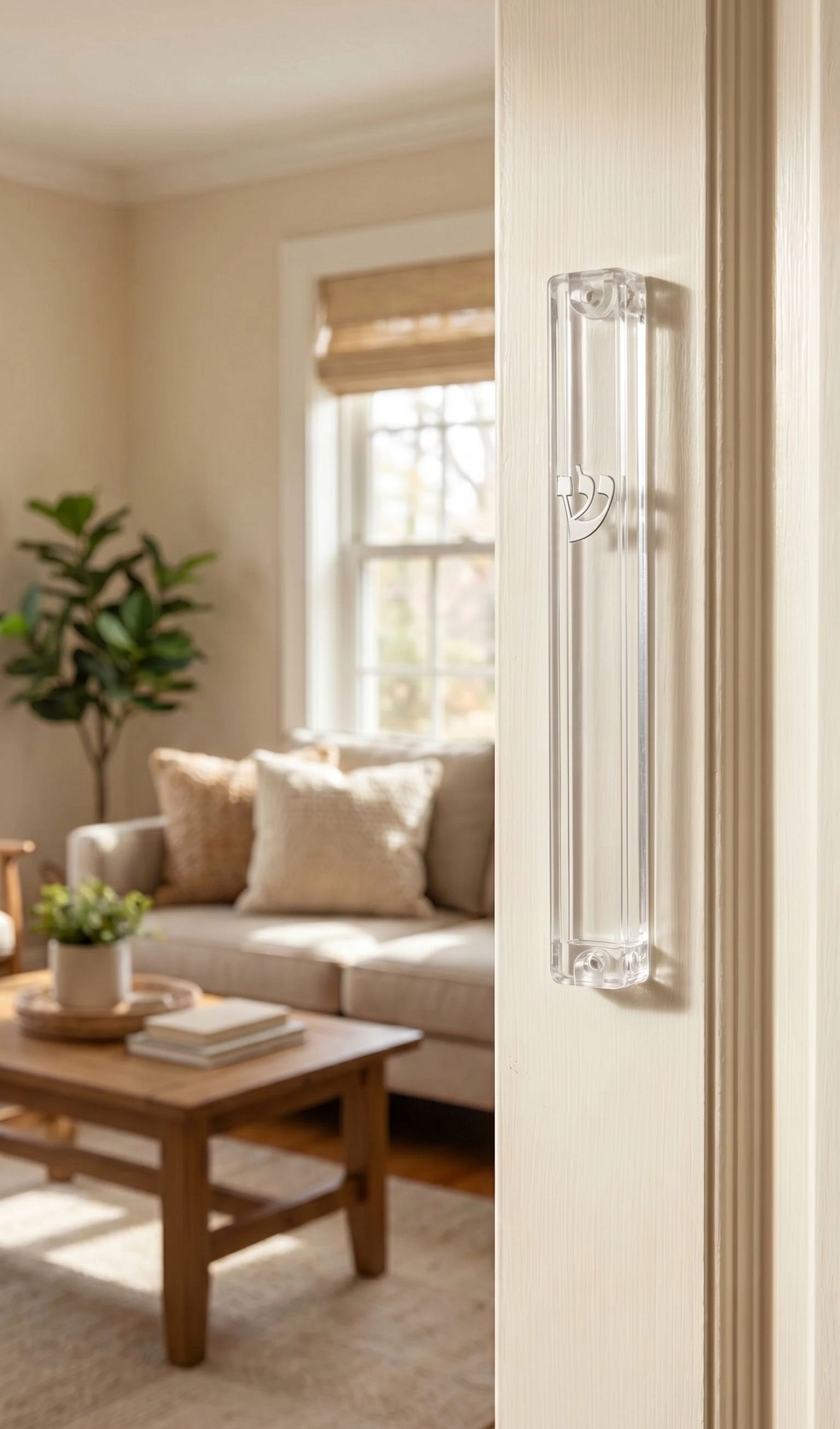 Timeless Clear Silver Shin Outdoor Mezuzah mounted vertically on a cream-colored doorway in a modern home