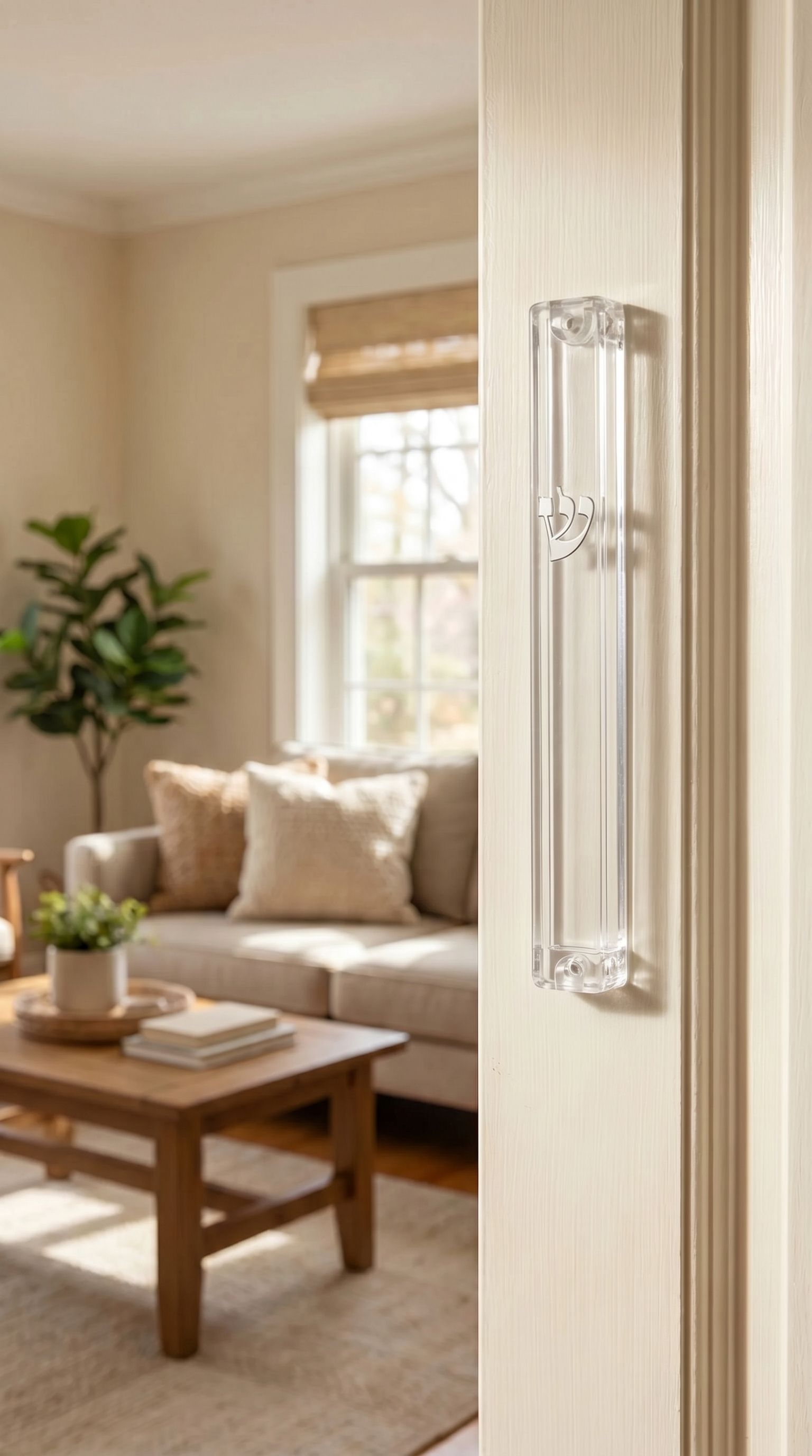 Timeless Clear Silver Shin Outdoor Mezuzah mounted vertically on a cream-colored doorway in a modern home