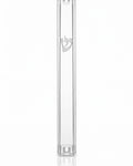 Front of Waterproof Timeless Clear Silver Shin Outdoor Mezuzah with transparent acrylic body and polished silver Hebrew Shin